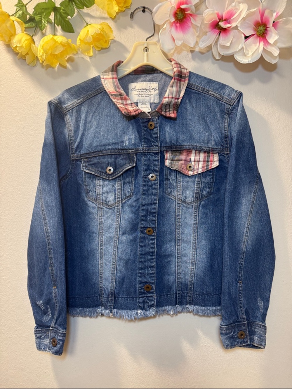 American Rag Girls Blue Denim Jacket with Pink Plaid Trim